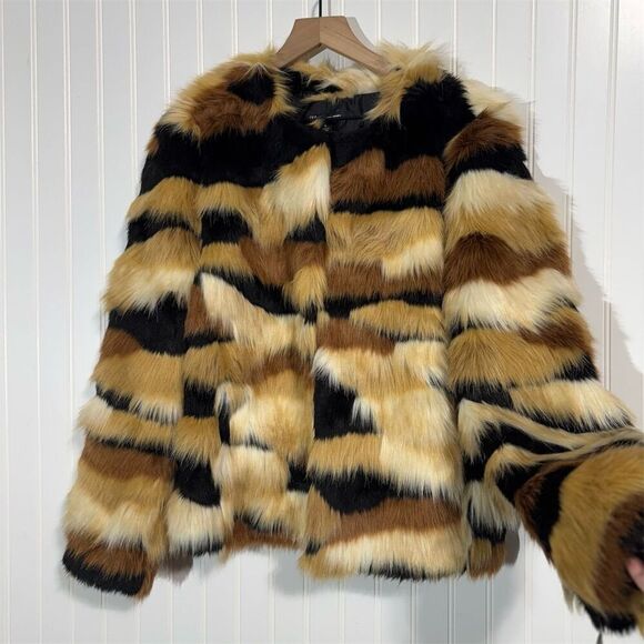 INC International Concepts Faux Fur Jacket XL Calico Striped Animal Print NWT - Picture 2 of 12